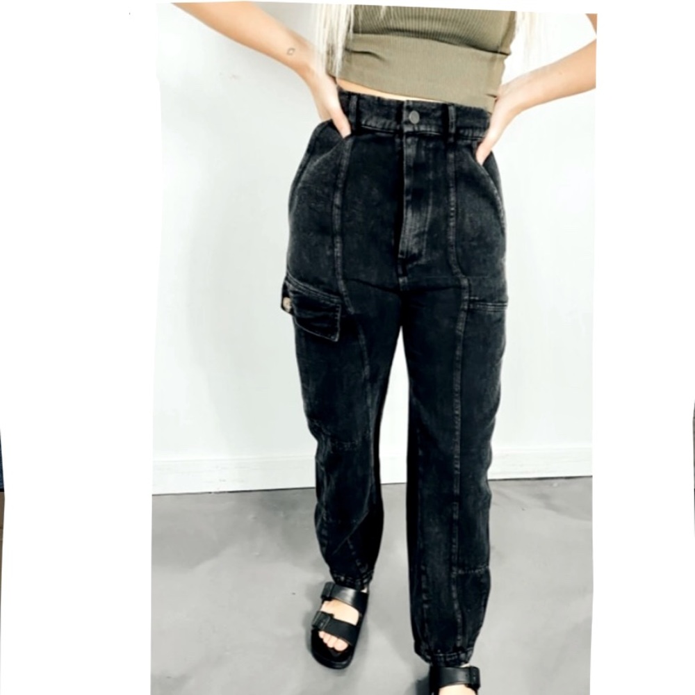 NWT boutique high waisted linen cargo pants 90s retro vintage black jeans